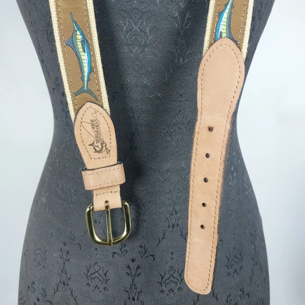 World Wide Sportsman Marlin Ribbon Belt Mens Size 44  Brown Leather Buff Web USA